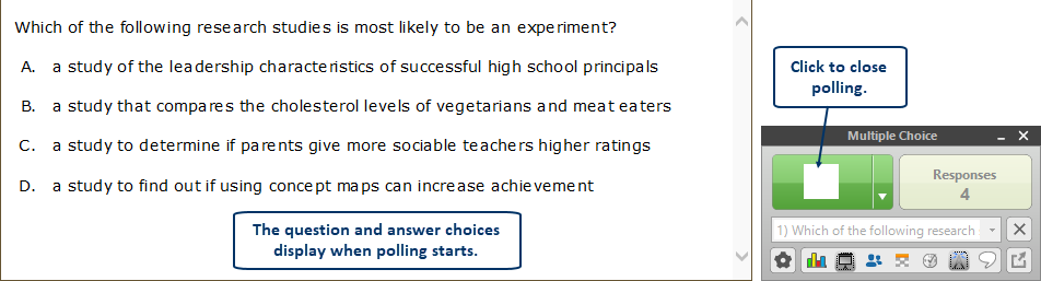 Presentation question and answers and Showbar with arrow pointing to Close Polling button