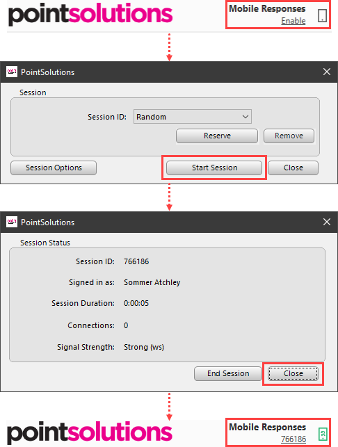 Procedure to enable mobile responses in PointSolutions desktop app with the Mobile Responses Enable link, Start Session button, Close button and the Session ID highlighted