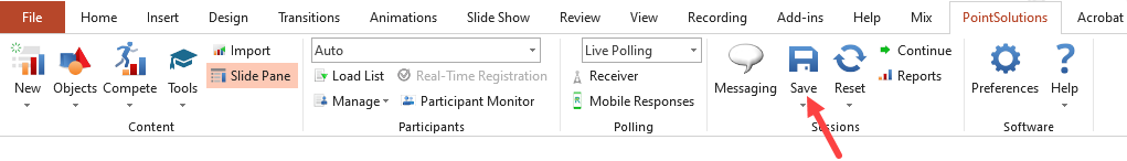 PointSolutions tab in PowerPoint with the Save button highlighted