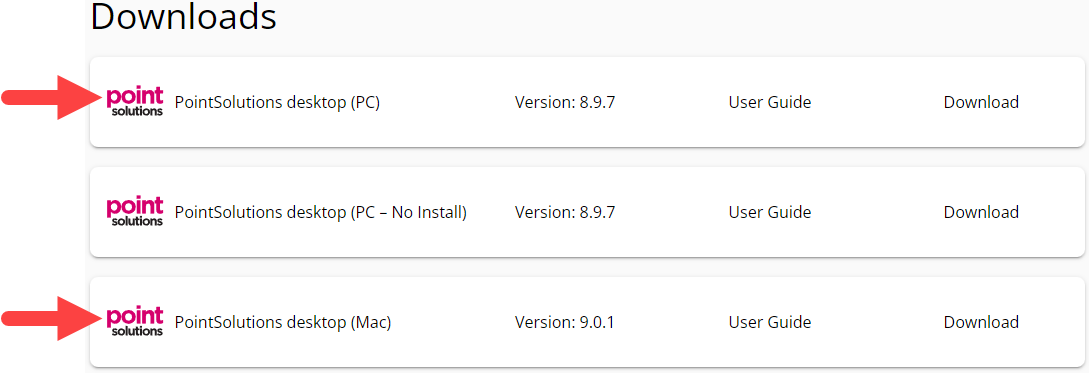 Downloads page in the PointSolutions web portal. The download icon and the PC and Mac downloads are highlighted.