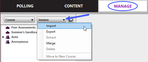 Manage tab in the PointSolutions dashboard with the Session dropdown menu and the Import item highlighted