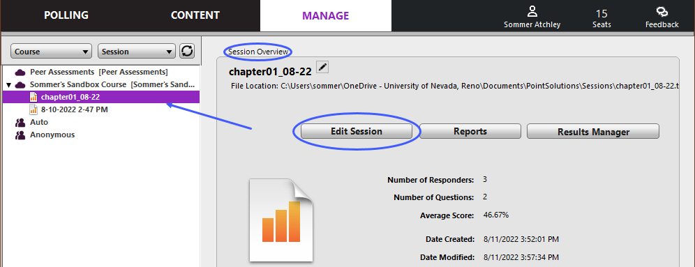 Session Overview with the selected Session and Edit Session button highlighted