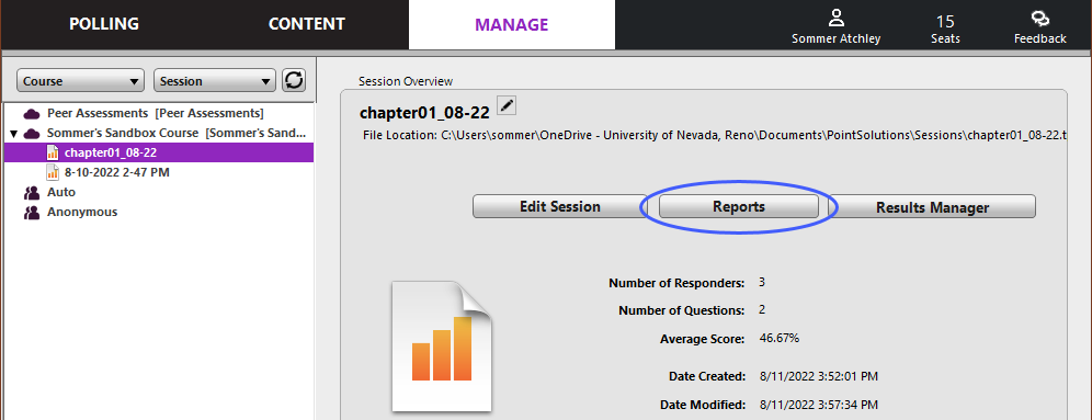 Session Overview screen with the Reports button highlighted