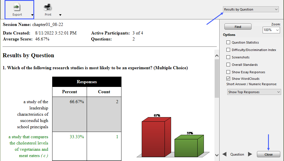 Results Screen with the Export button, drop-down menu, and Close button highlighted