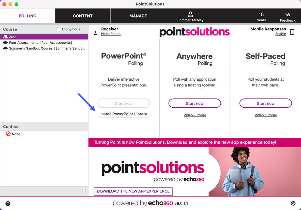 PointSolutions desktop app with an arrow pointing to the Install PowerPoint Library button