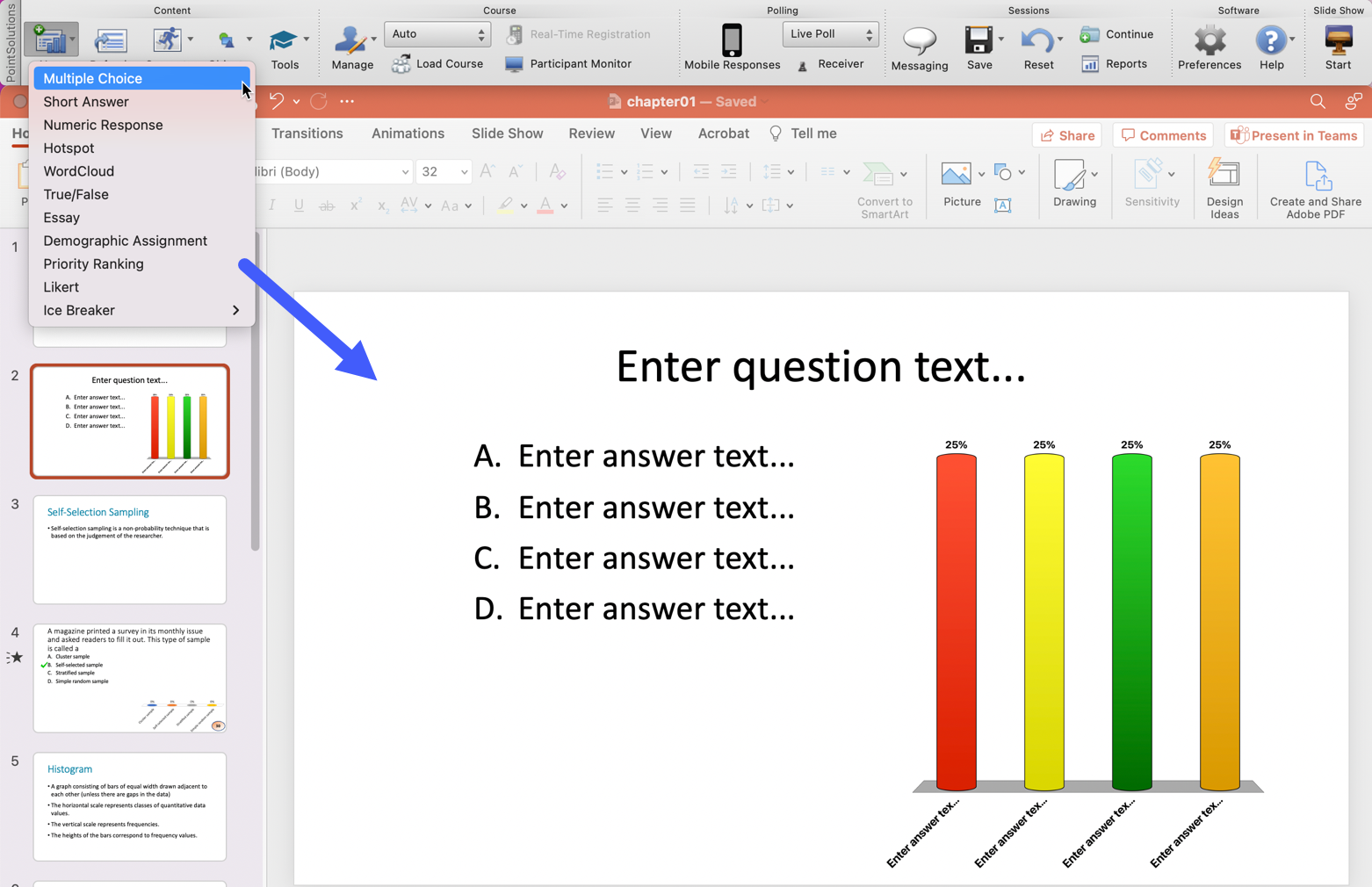 PointSolutions toolbar with the New menu activated and an arrow pointing to the new slide