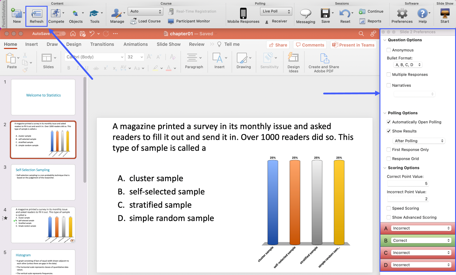 A question slide with the Refresh button and the Slide Preferences Panel highlighted