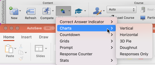 PointSolutions toolbar with the Objects button activate and the Chart menu highlighted