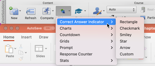 PointSolutions toolbar with the Objects button activate and the Correct Answer Indicator menu highlighted