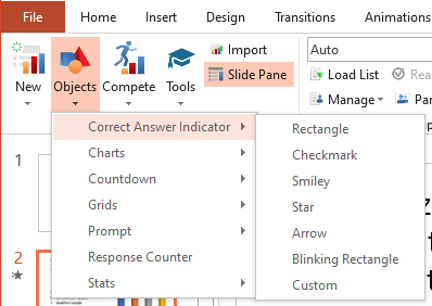 Objects menu activated and the Correct Answer Indicator option highlighted with menu activated