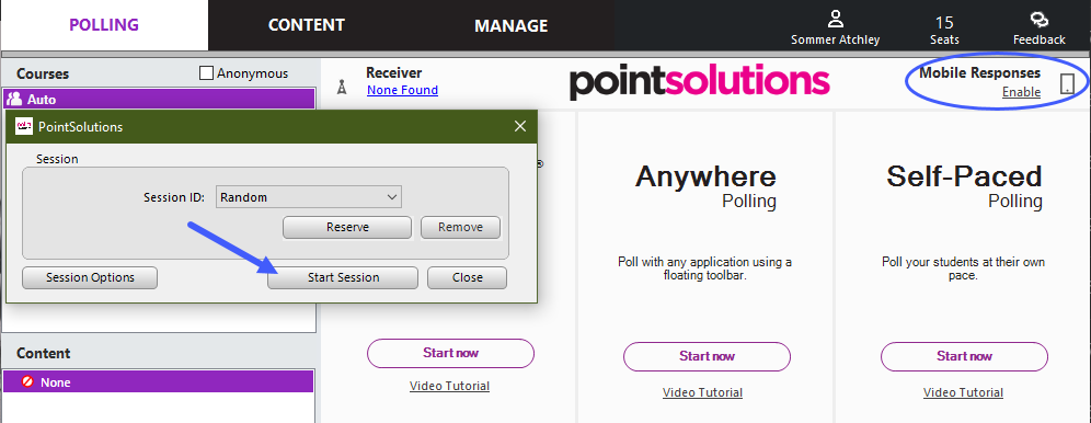 PointSolutions desktop app with Mobile Responses highlighted and an arrow pointing to Start Session in the window that opens after clicking Enable