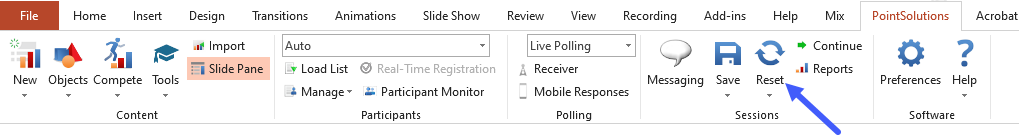 PointSolutions ribbon in PowerPoint with an arrow pointing to Reset