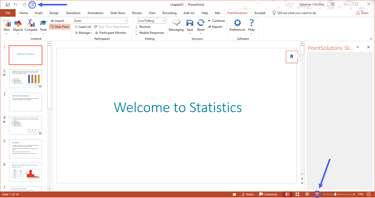 PowerPoint with arrows pointing to the Start from Beginning icon at the top of the screen and the Slide Show button at the bottom