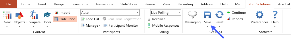 PointSolutions ribbon with arrow pointing to Save