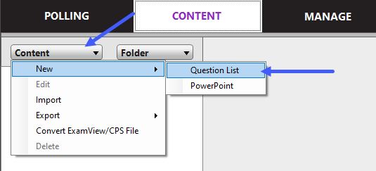 Content tab in the PointSolutions desktop app with Content drop-down menu and Question List highlighted