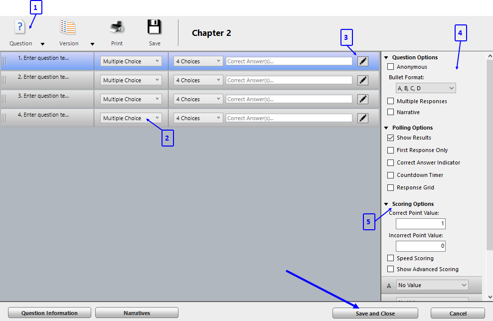 Question List Editor with the Question button, Type drop-down menu, Edit button, Options menu, Scoring options, and Save and Close button highlighted