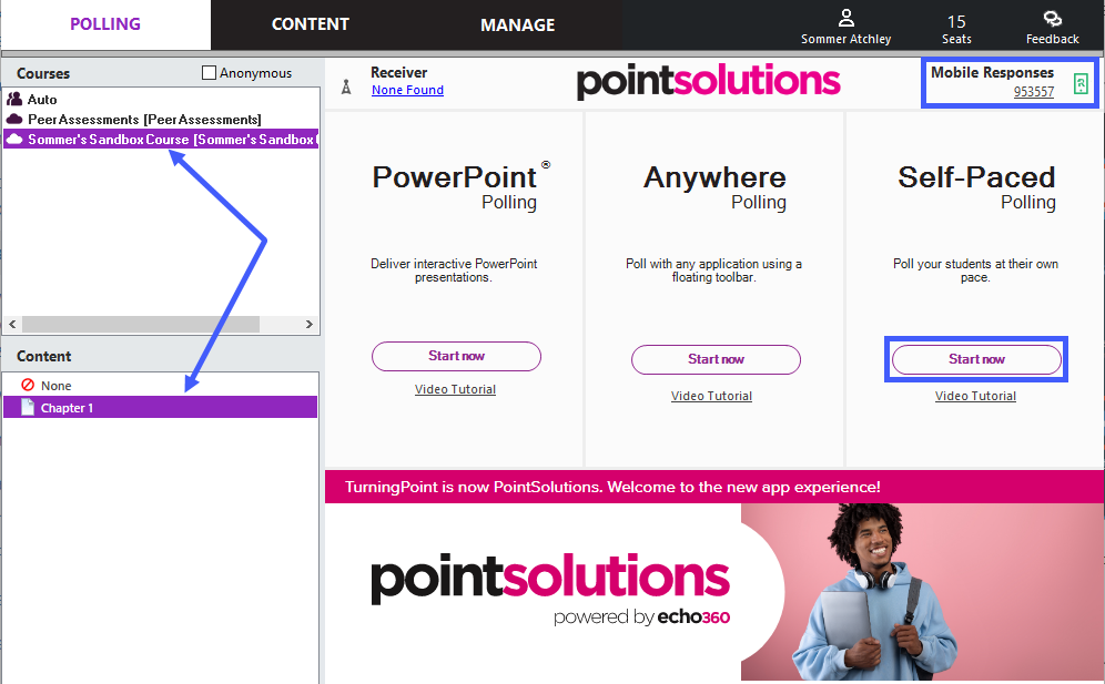 Polling tab in the PointSolutions desktop app, with arrows pointing to the course and question lists. Mobile responses and the Self-paced polling tile are highlighted