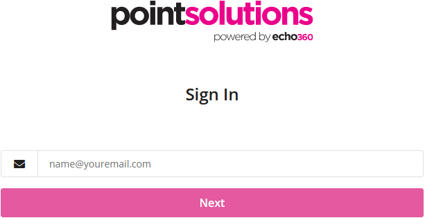 PointSolutions account registration page. There is a box where an email address can be entered and a Next button for users to click and start the registration process.