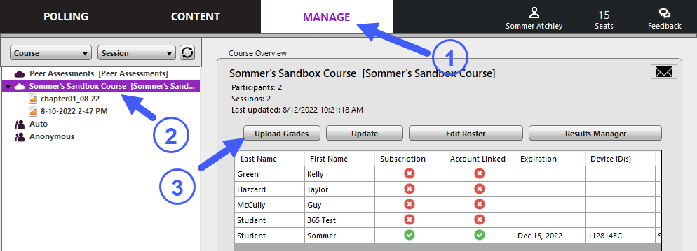 PointSolutions dashboard with arrows pointing to Manage, Course and Upload Grades