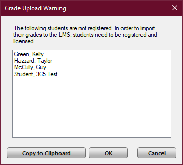 Note download warning with a list of students who are not yet registered