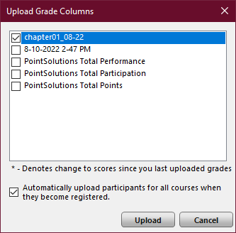 Upload Grade Columns window with one selected column and the “Automatically upload participants for all courses when they become registered” option selected