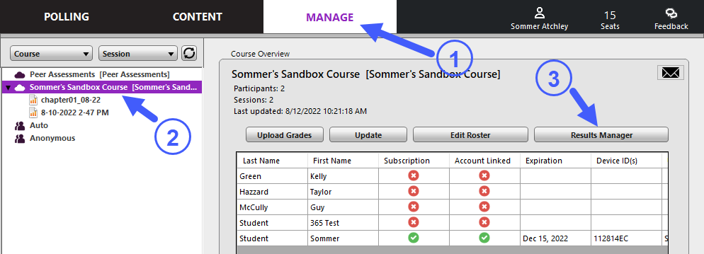 PointSolutions dashboard with arrows pointing to Manage, Course and Results Manager