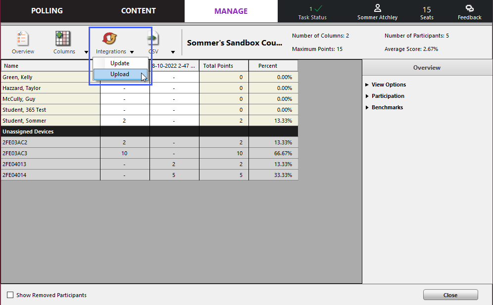 Results Manager with the Integrations menu enabled and Download highlighted
