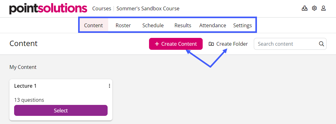 Course content page where instructors can add content for polling, view course roster and manage polling results