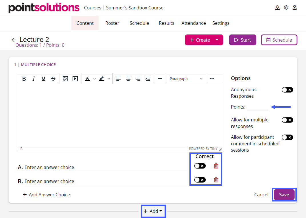 A multiple-choice question with an arrow pointing to Points and the Correct, Add and Save buttons highlighted