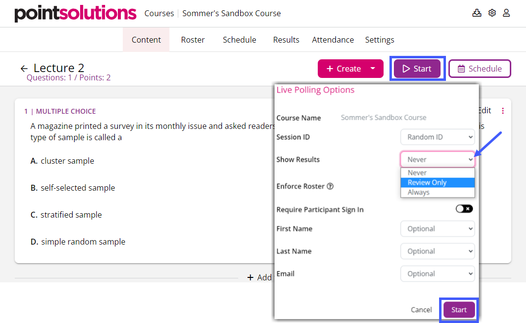 Course slides ready for online survey.  The Start button is highlighted and the Live Polling Options dialog box displays the polling options available for tuning