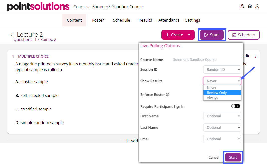 Lecture slides ready for web polling. The Start button is highlighted, and the live polling options dialogue box shows the polling options available for adjustment