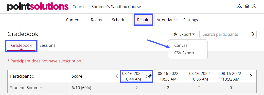 The Results page, showing an example gradebook