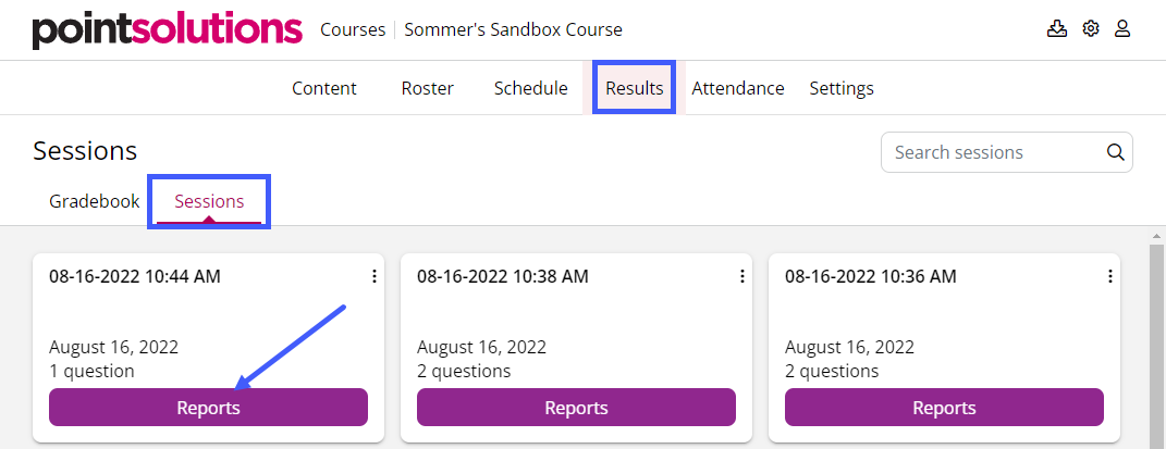 The Results page with session files. Each session file has a link to a session report