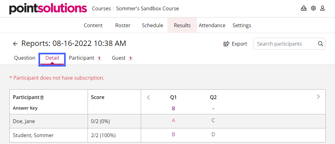 An example detailed report of a session