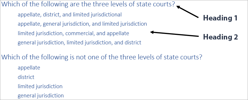 Screenshot of a Word document used as an example for document formatting. The question prompt is labeled as Header 1 and the answer choices are labeled as Header 2