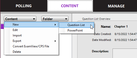 Content tab in PointSolutions, with the Content dropdown menu activated and Question List highlighted