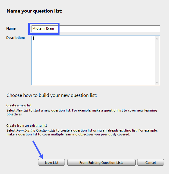 Question List Wizard with “Name” and the “New List” button highlighted