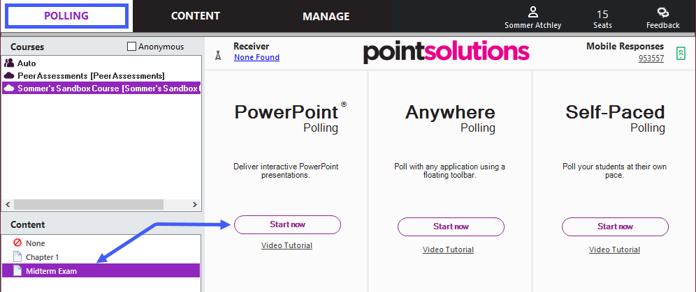Polling tab in PointSolutions with arrows pointing to the question list and “Start now” under PowerPoint Polling