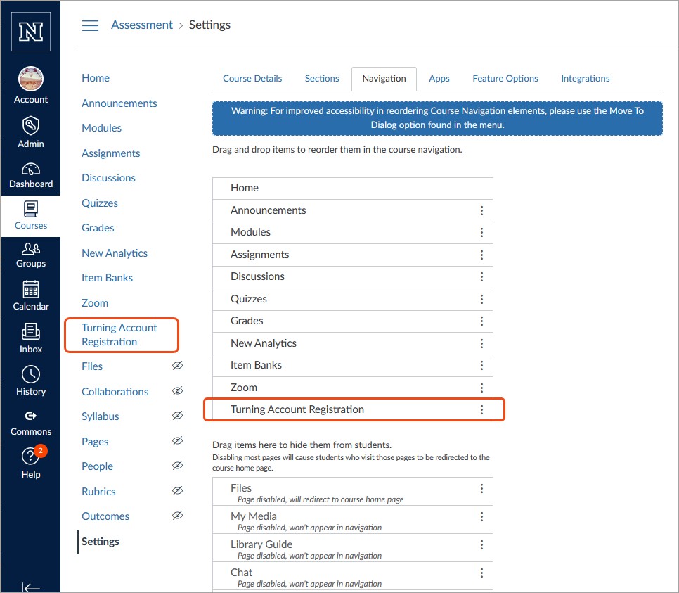 A screenshot of the course navigation options under Settings in WebCampus, where the course menu items can be turned on or off.  the "Revolving account registration" is highlighted, where users can click to go to the rotating account registration page. 