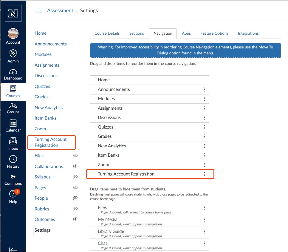 A screenshot of the course navigation options under Settings in WebCampus, where the course menu items can be turned on or off. the "Revolving account registration" is highlighted, where users can click to go to the rotating account registration page.