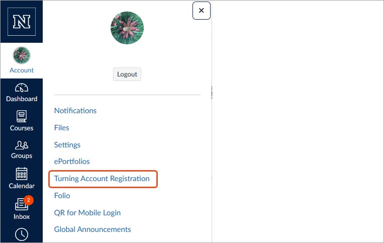 Figure 1. A screenshot of the "Global Navigation Menu" in WebCampus. The left rail contains action items, such as "Account," "Dashboard" and "Courses." An orange circle shows users where to click on "Account" icon/link. An arrow points to the "Turning Account Registration" link (circled in orange), where users can click to access the Turning Account Registration page.