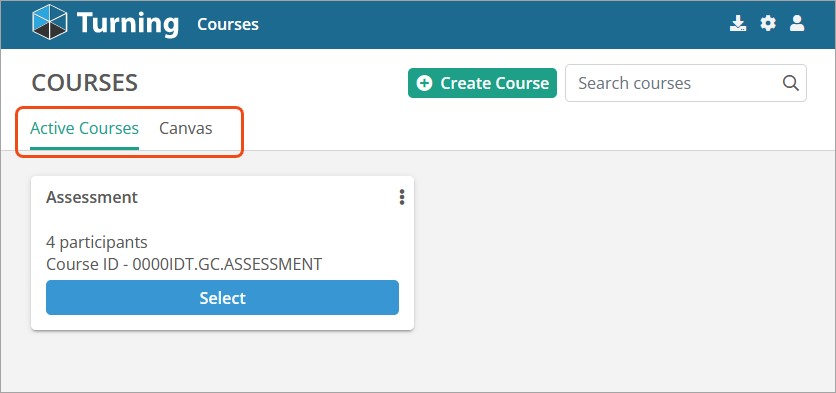 A screenshot of the Turning account web portal, where courses can be added to Active Courses tab. 