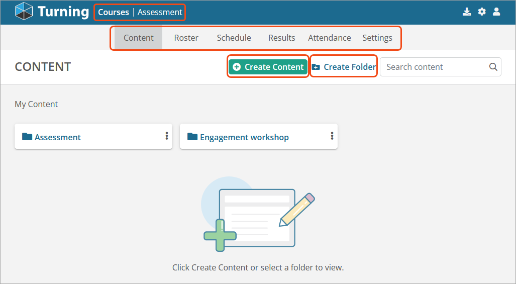 A screenshot of an active course's Content page, with menu tabs highlighted, including Content, List, Calendar, Results, Attendance, and Settings.  On the screenshot there are also links to create content and create folder.