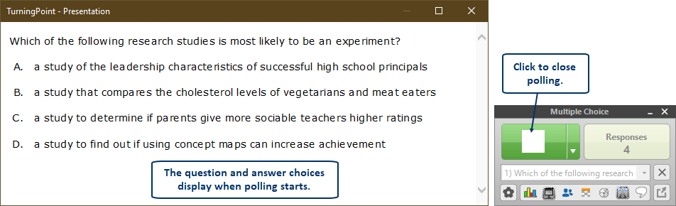 Screenshot of presentation question and answers and Showbar with arrow pointing to Close Polling button
