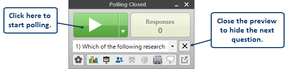 Screenshot of Showbar with text “Click here to start polling” pointing to the Open Polling button and “Close the preview to hide the next question” pointing to the Hide Question List button