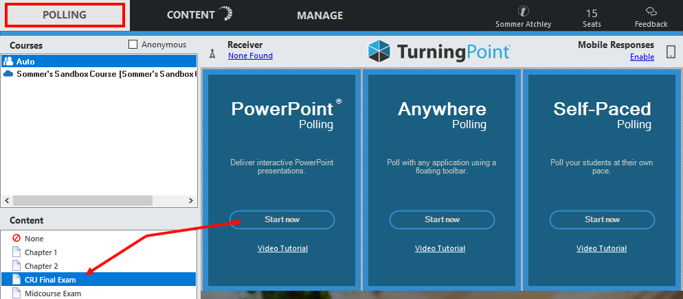 Screenshot of the Polling tab in TurningPoint with arrows pointing to the question list and “Start now” under PowerPoint Polling