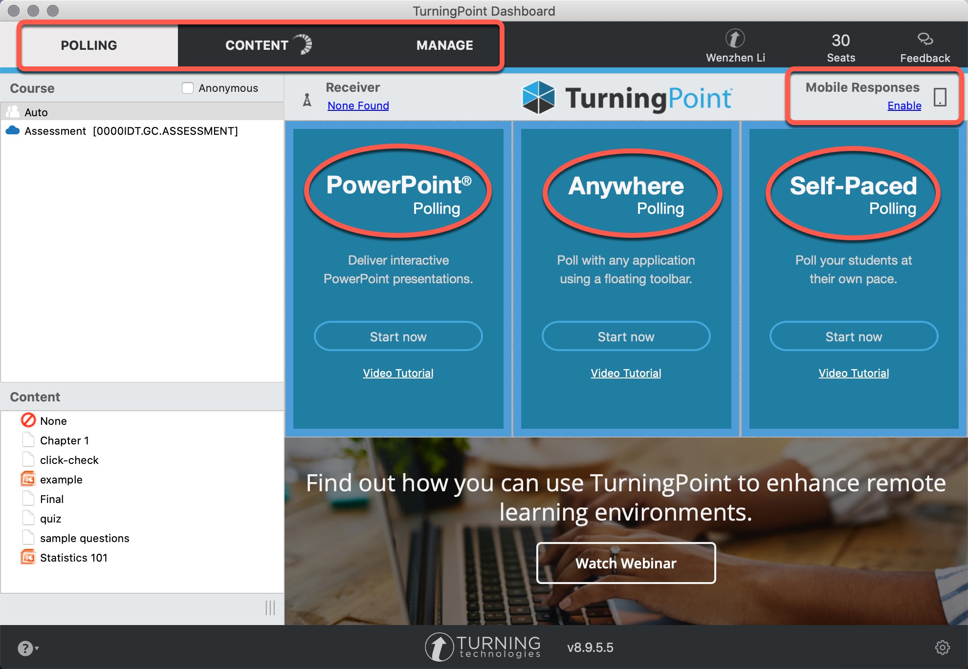 A screenshot of TurningPoint desktop app dashboard. The three tabs, Polling, Content, Manage, are marked with an orange box. The three polling options, PowerPoint Polling, Anywhere Polling, and Self-Paced Polling, are called out for attention. The Enable Mobile Responses button is also highlighted.