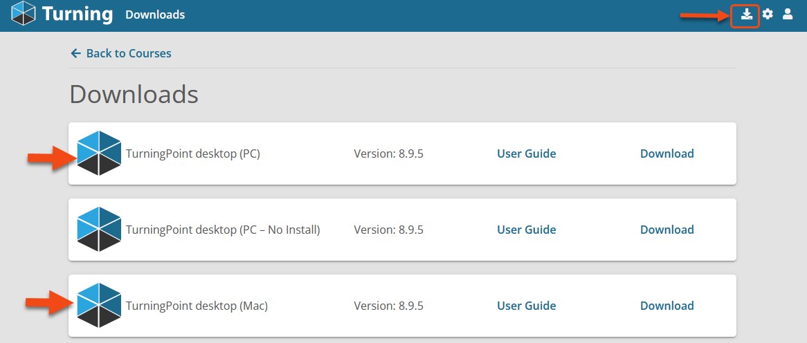 A screenshot of the Downloads page in the Turning account web portal. The download icon is highlight with an arrow pointed to it. Versions of TurningPoint desktops apps are listed.