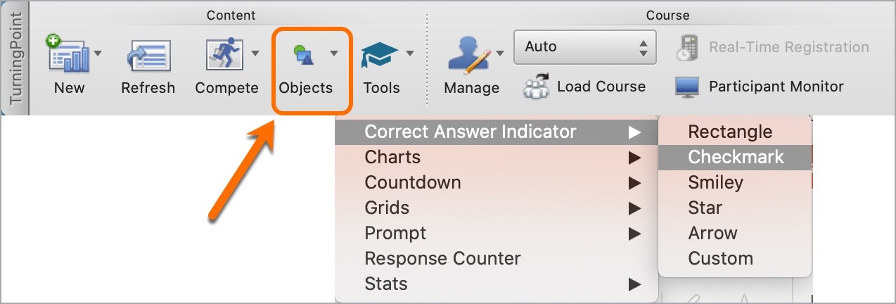 Screenshot of the floating toolbar with the Objects button highlighted and the Correct Answer Indicator menu enabled