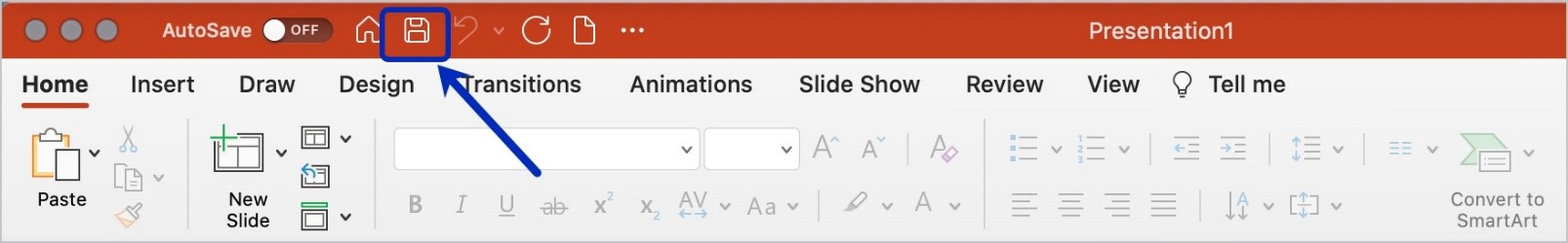 Screenshot of the PowerPoint ribbon with the Save button highlighted